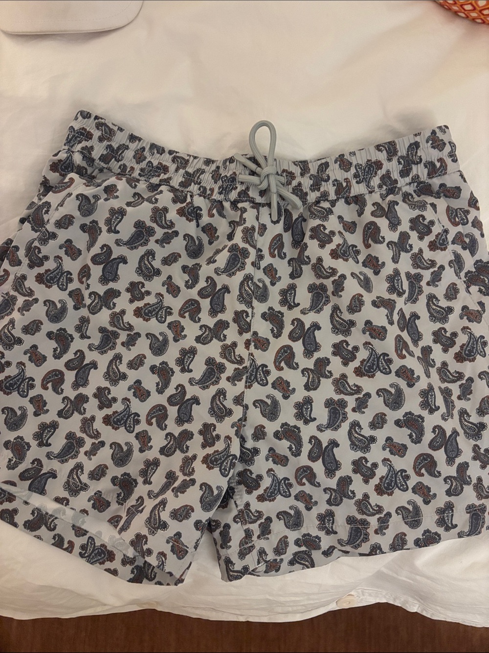 Zara Men's Paisley Swim Trunks in White, Blue & Brown